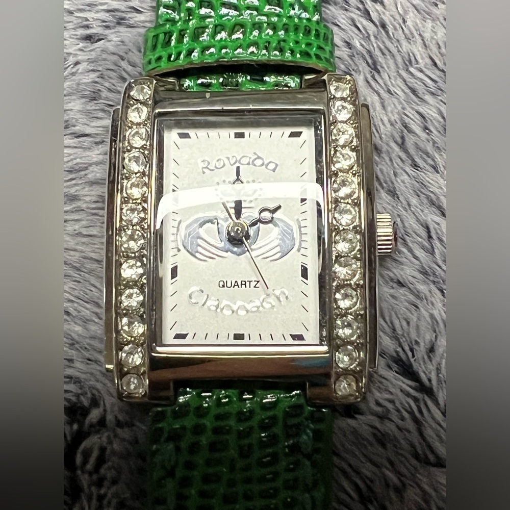 Rovada Claddagh Silver Tone Quartz Watch Green Leather Band Rhinestone Accents